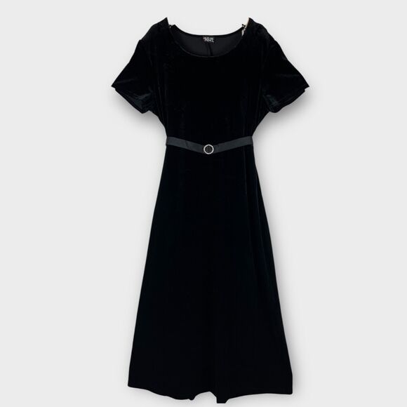 90s Black Short Sleeve Maxi Belted Velvet Dress Evening Gothic Size 12 - Picture 2 of 9